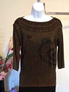 NWT Dark Brown 3/4 Sleeves Cardigan Knitwear Lightweight Scoop Neck Sweater 8